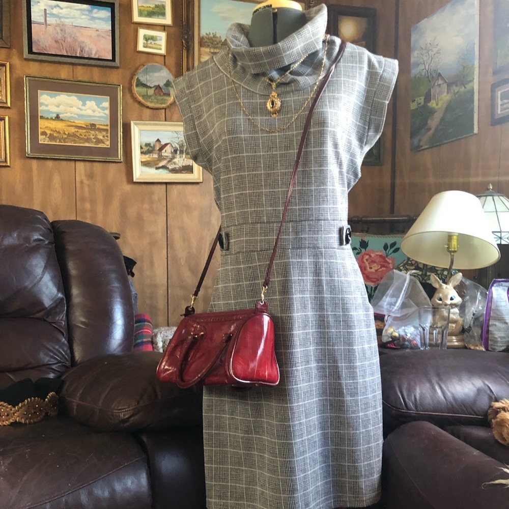 Papillon Blanc Gray Plaid Dress with Red Bag